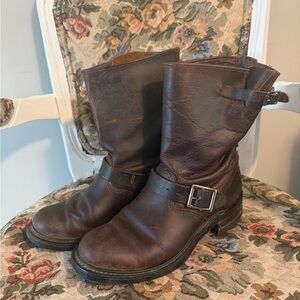 Dark Brown Leather Engineer Boots with Buckle Detail